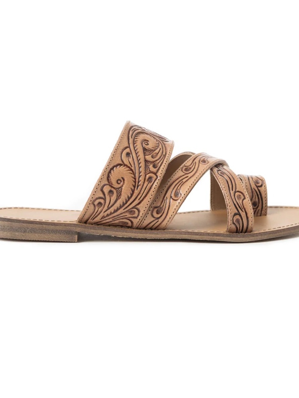 Tan Genuine Tooled Leather Slide Sandals - Picture 2 of 8